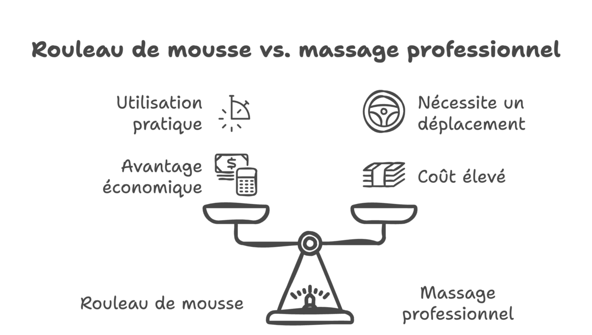 Un schéma représentant les avantages d'un rouleau de masse pour faire de l'auto-massage par rapport à un massage avec un professionnel de santé.