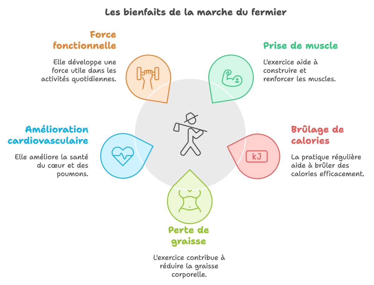 Un schéma représentant les différents bienfaits du farmer walk en musculation.