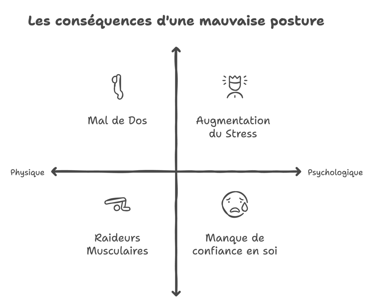 Un schéma présentant les principales conséquences physiques et psychologiques d'une mauvaise posture au quotidien.