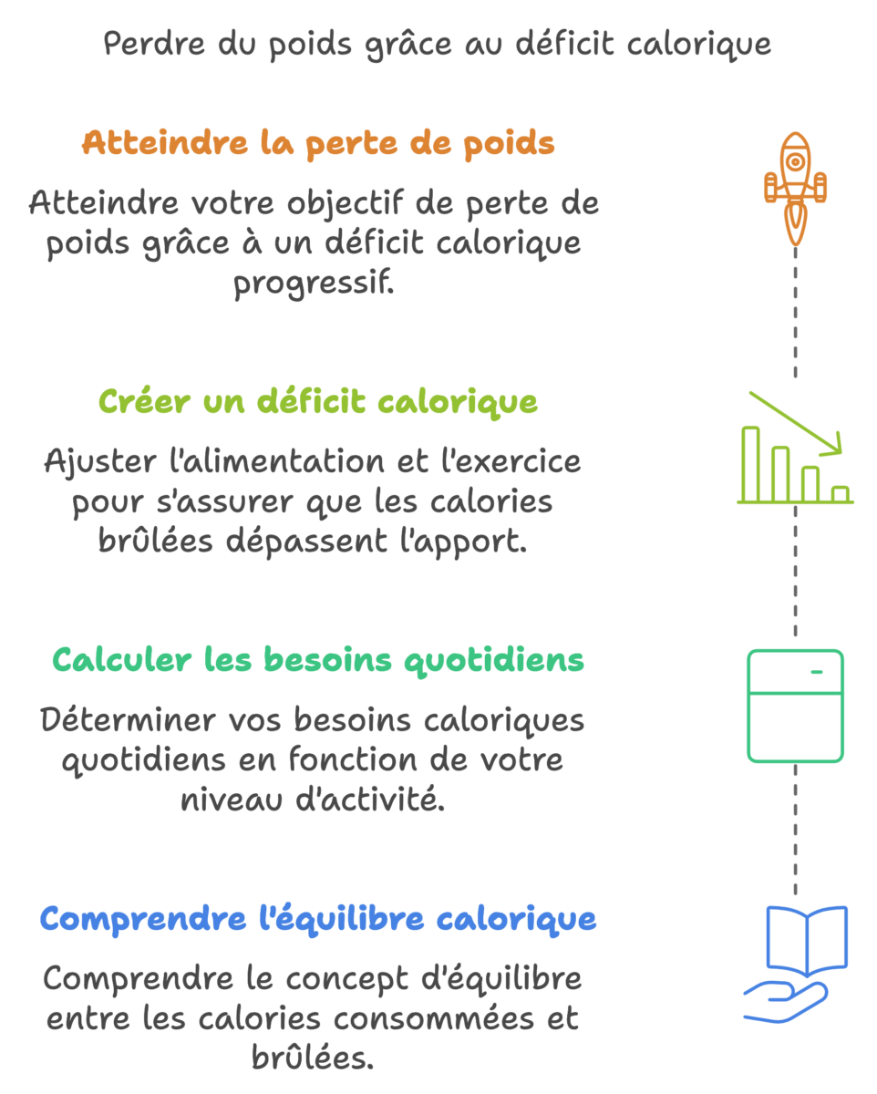 Un schéma représentant quelques étapes pour mettre en place un déficit calorique et perdre du poids.