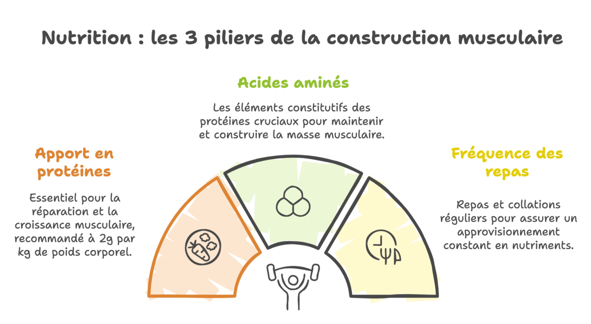 Un schéma présentant les 3 piliers de la nutrition pour construire du muscle : l'apport en protéines, les acides aminés et la fréquence des repas.