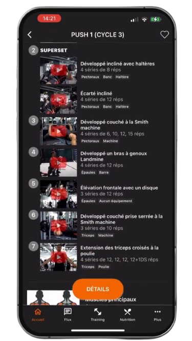 Une capture d'écran de la liste des exercices de musculation proposés sur l'application MetamorphX.