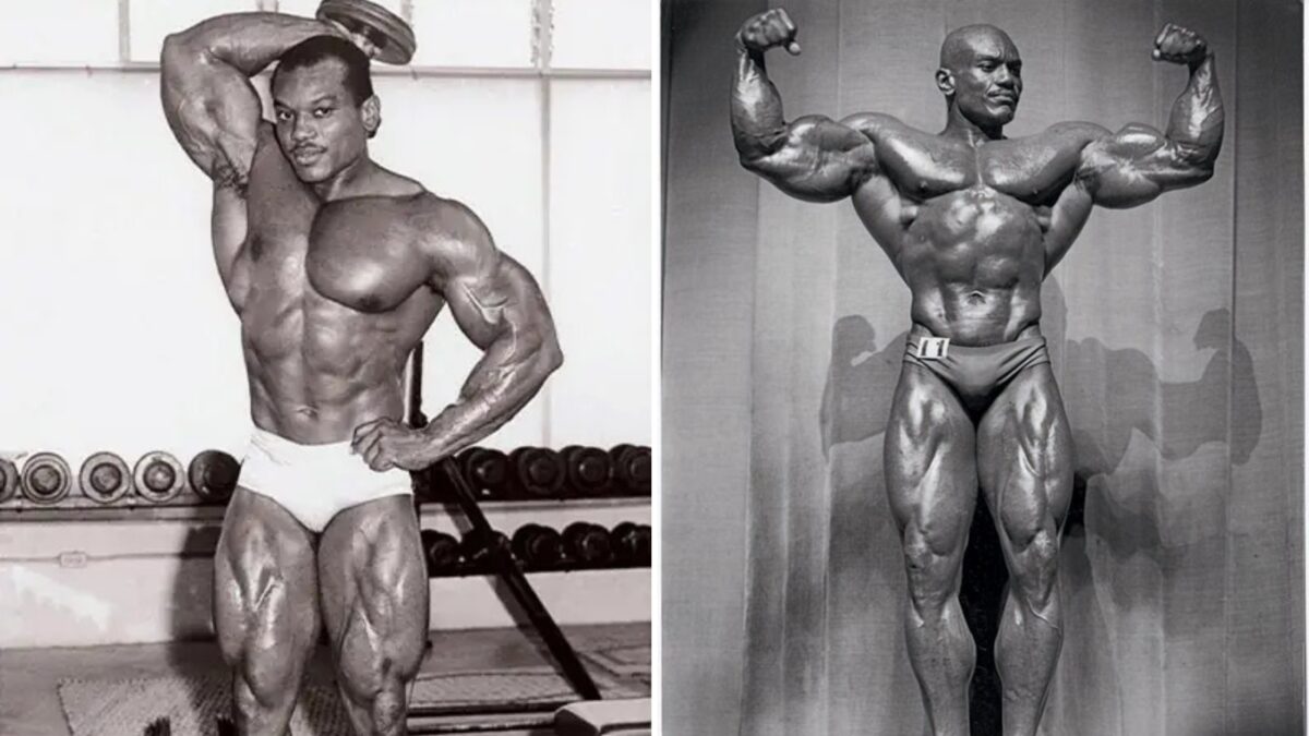 Deux photos du culturiste Sergio Oliva torse nu.