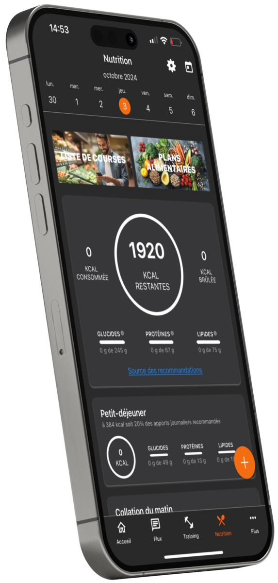 Une capture d'écran de la fonctionnalité de suivi de la nutrition et des calories sur l'application de musculation MetamorphX.