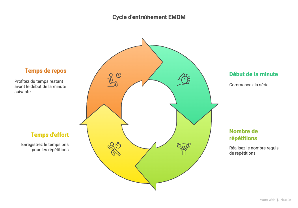 Un schéma représentant les 4 phases d'un cycle d'entraînement EMOM.