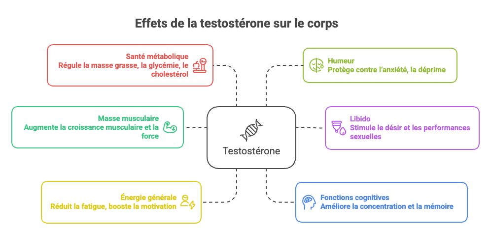 Schéma des effets principaux de la testostérone sur le corps de l’homme.